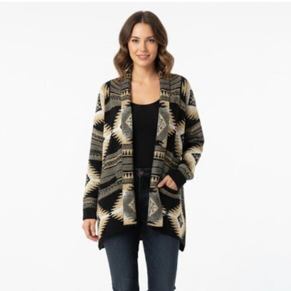 Dreamers Black Tan White Aztec Print Women's Open Cardigan Sweater M - Picture 1 of 11